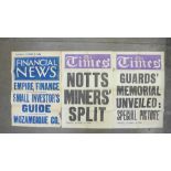 Three newspaper headline posters including The Times "Notts Miners' Split", 1926