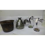 A pewter Arts and Crafts jug with three handles, a/f, a jardiniere, and two Art Deco chrome figures,