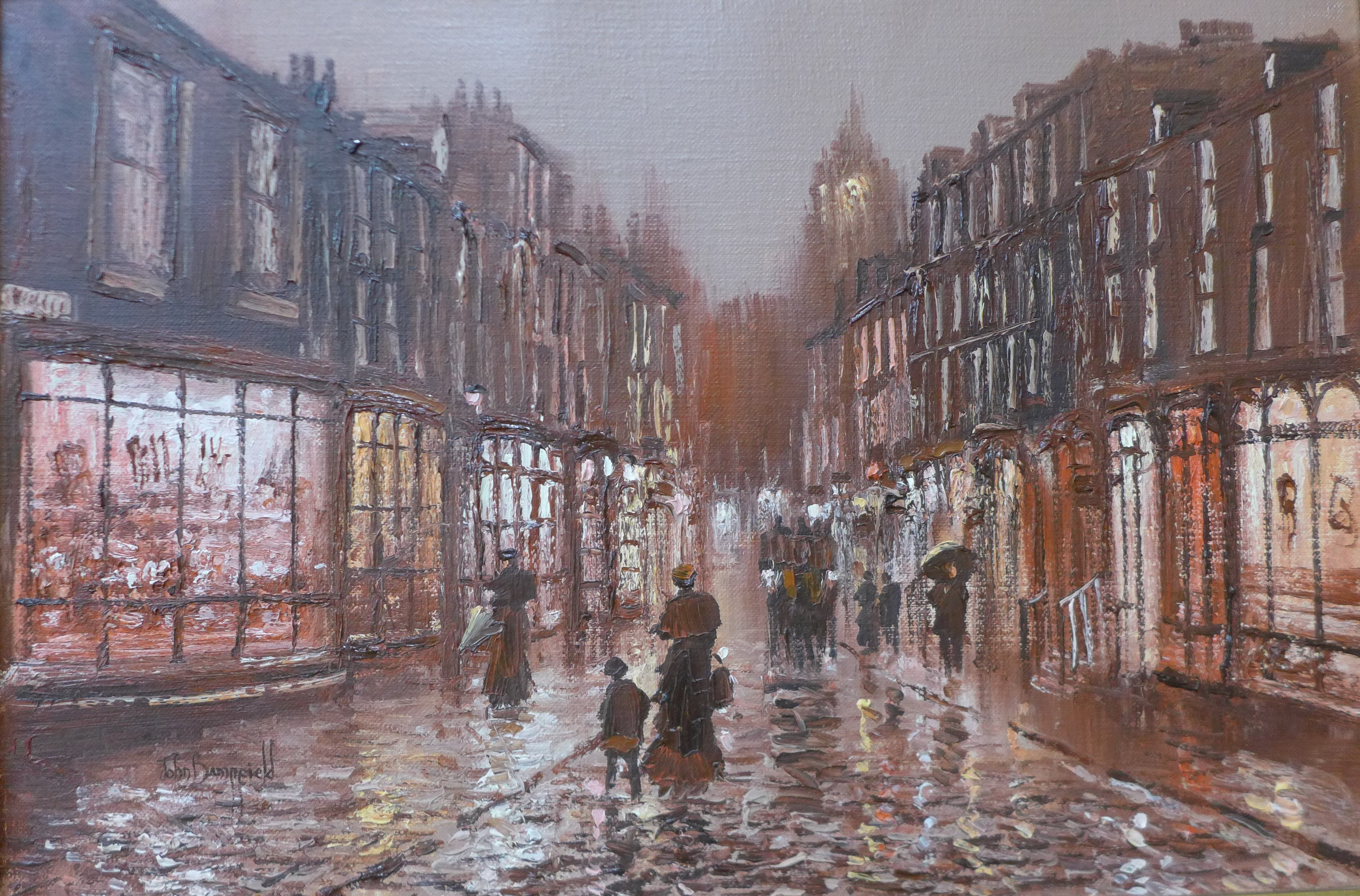 John Bampfield, street scene, oil on canvas, 50 x 75cms, framed