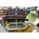 A brass octagonal framed mirror, an onyx table lamp and a pair of dressing table mirror stands