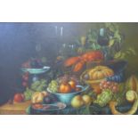 J.L. Jensen, still life of lobster and fruit on a table, oil on canvas, 60 x 90cms, framed