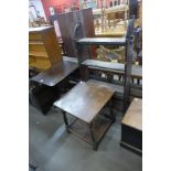 A Victorian mahogany tilt-top table, a stained pine open bookcase and a carved oak table