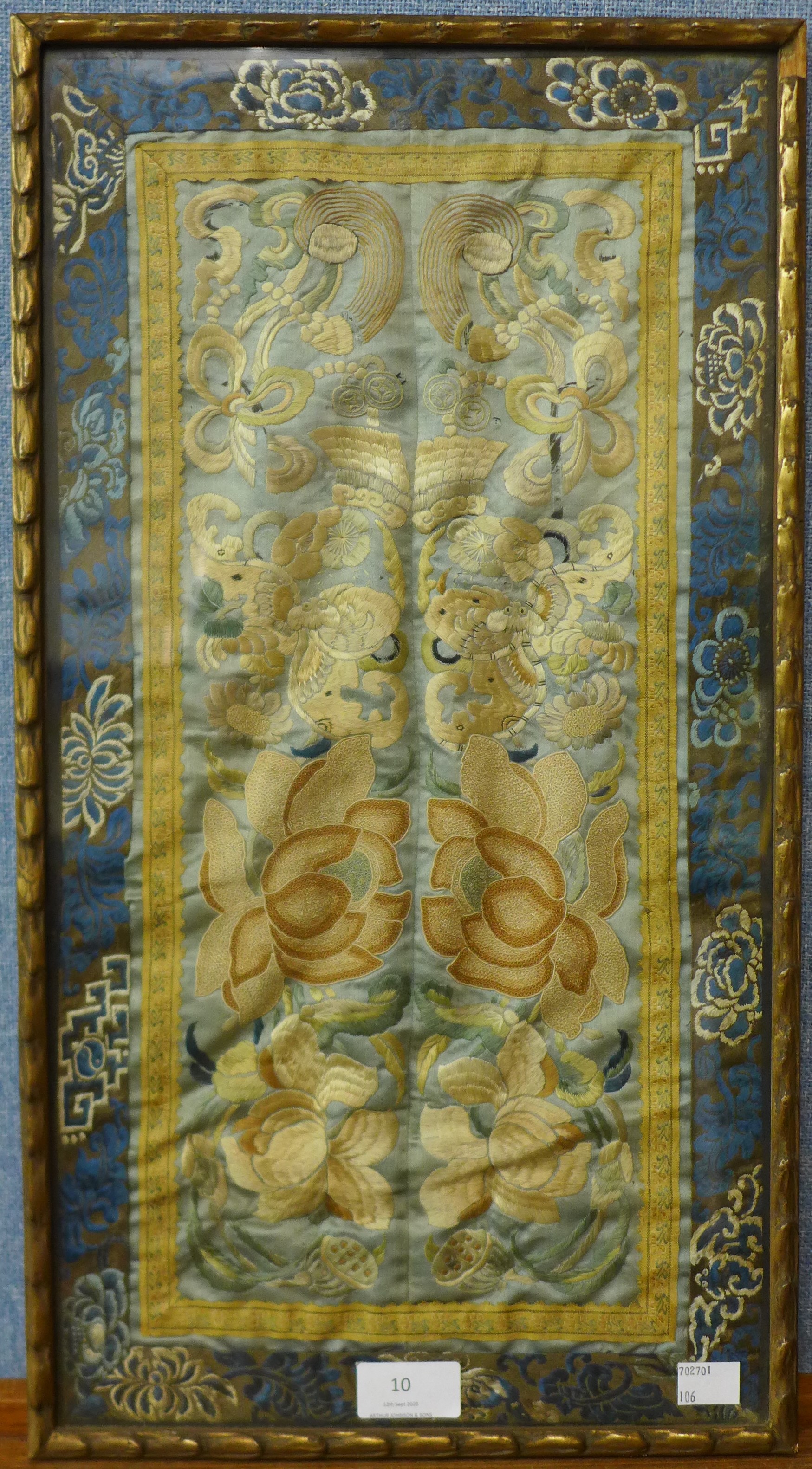 A Chinese silk embroidery, framed, 53 x 29cms