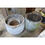 Two galvanised dolly tubs and three buckets