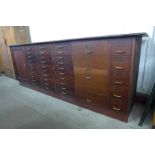 A mahogany fitted shop counter, 96cms h, 264cms w, 61cms d