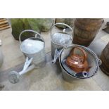 Two galvanised buckets, watering cans, etc.