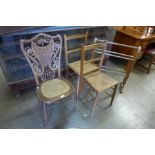 A Victorian Heywood Wakefield wicker bedroom chair, another pair of chairs and a towel rail