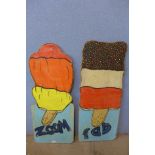 Two Fab and Zoom painted ice cream signs