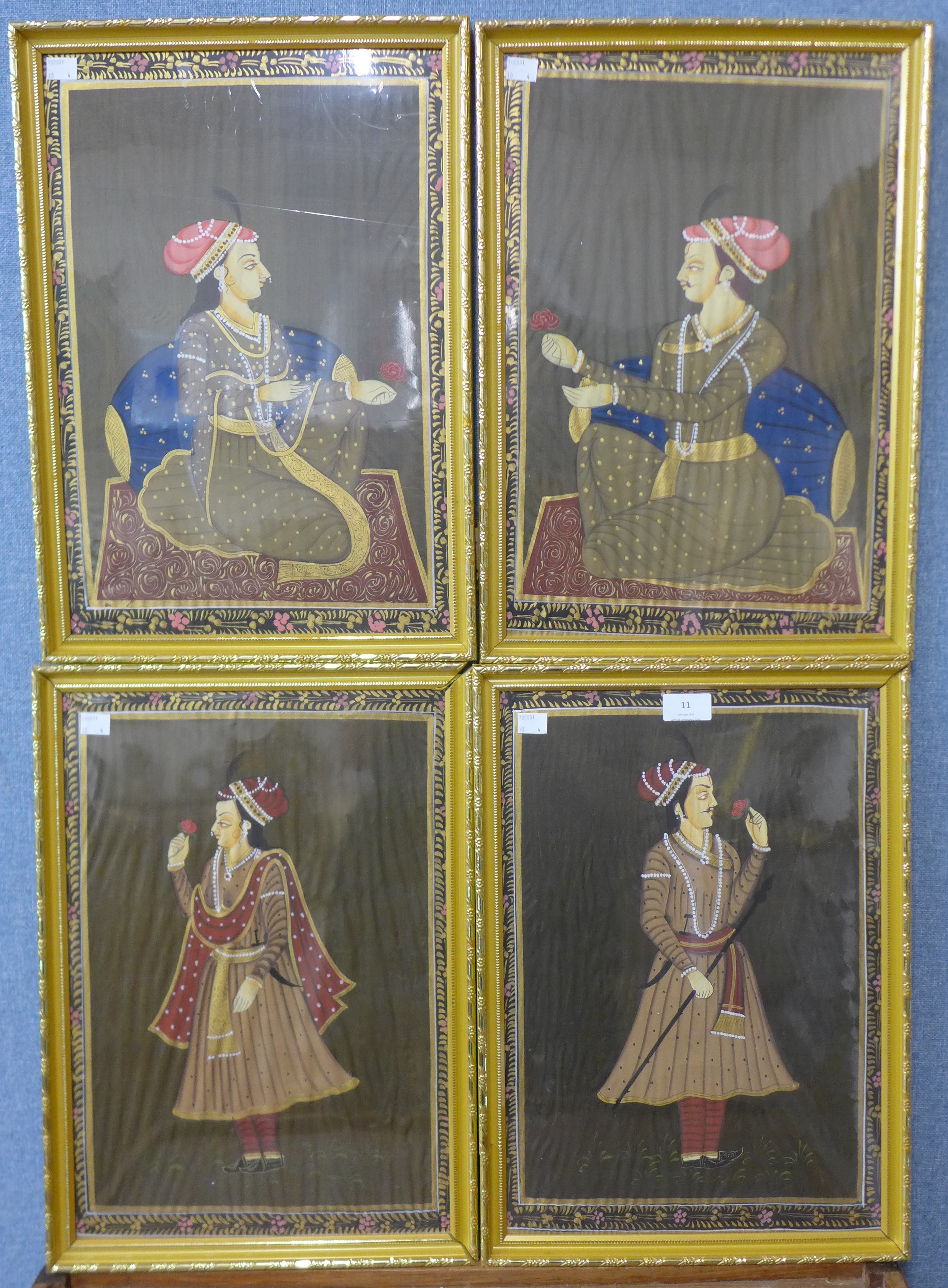 Indian School, set of four portraits, gouache on silk, 44 x 30cms, framed