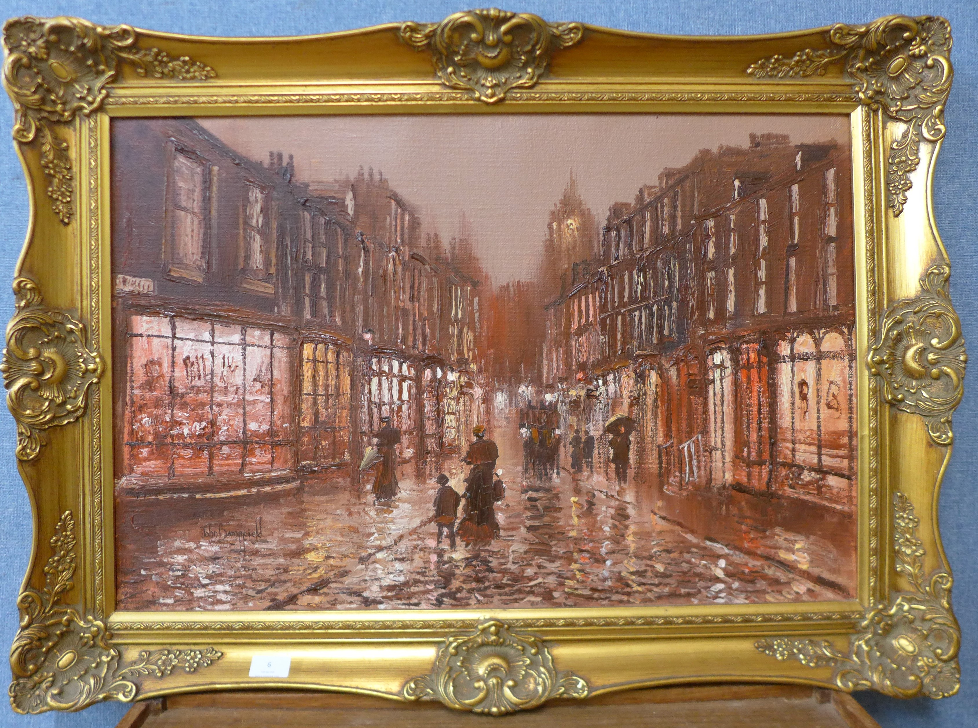 John Bampfield, street scene, oil on canvas, 50 x 75cms, framed - Image 2 of 2