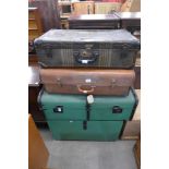 Two vintage cases, a steamer trunk and a painted box