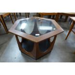 A G-Plan teak and glass topped hexagonal coffee table