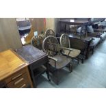 An oak drop-leaf table, six oak wheelback chairs, a coffee table and a trolley