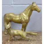 A solid brass model of a horse and fox, 8.84kg gross weight