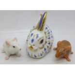A Royal Crown Derby paperweight with gold stopper and two hand painted china mice