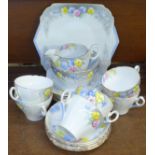 A Shelley tea service, six cups, five saucers and six tea plates, IS0233 painted marks to base
