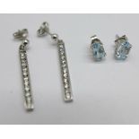 Two pairs of 9ct gold earrings, white sapphires and aquamarine, 2.7g