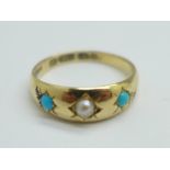 A 15ct gold, pearl and turquoise gypsy ring, Birmingham 1900, 3.6g, P