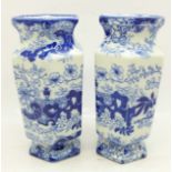 A pair of hexagonal shaped blue and white vases, marked H.M.&Co. Ltd., England, 12cm
