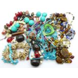 Assorted glass and gemstone jewellery, etc.