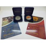 Two 2003, 925 silver proof quality coins, The Lord of The Rings Scenes in Silver, with boxes