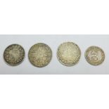 Four coins; a 1787 sixpence, a 1762 threepence, an 1831 sixpence, a/f, and a William III 1696