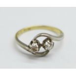 An 18ct gold, two stone diamond Art Deco ring, (platinum wash), 2.4g, M
