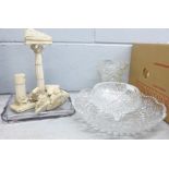 A lead crystal shallow bowl, crystal vase, bowl and glass dressing table tray and resin figures of