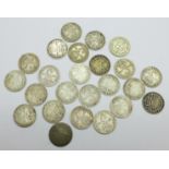 Assorted pre 1920 silver 3d coins, 32g