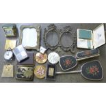 A collection of cigarette cases, lighters, two brass photograph frames, vanity set, etc.