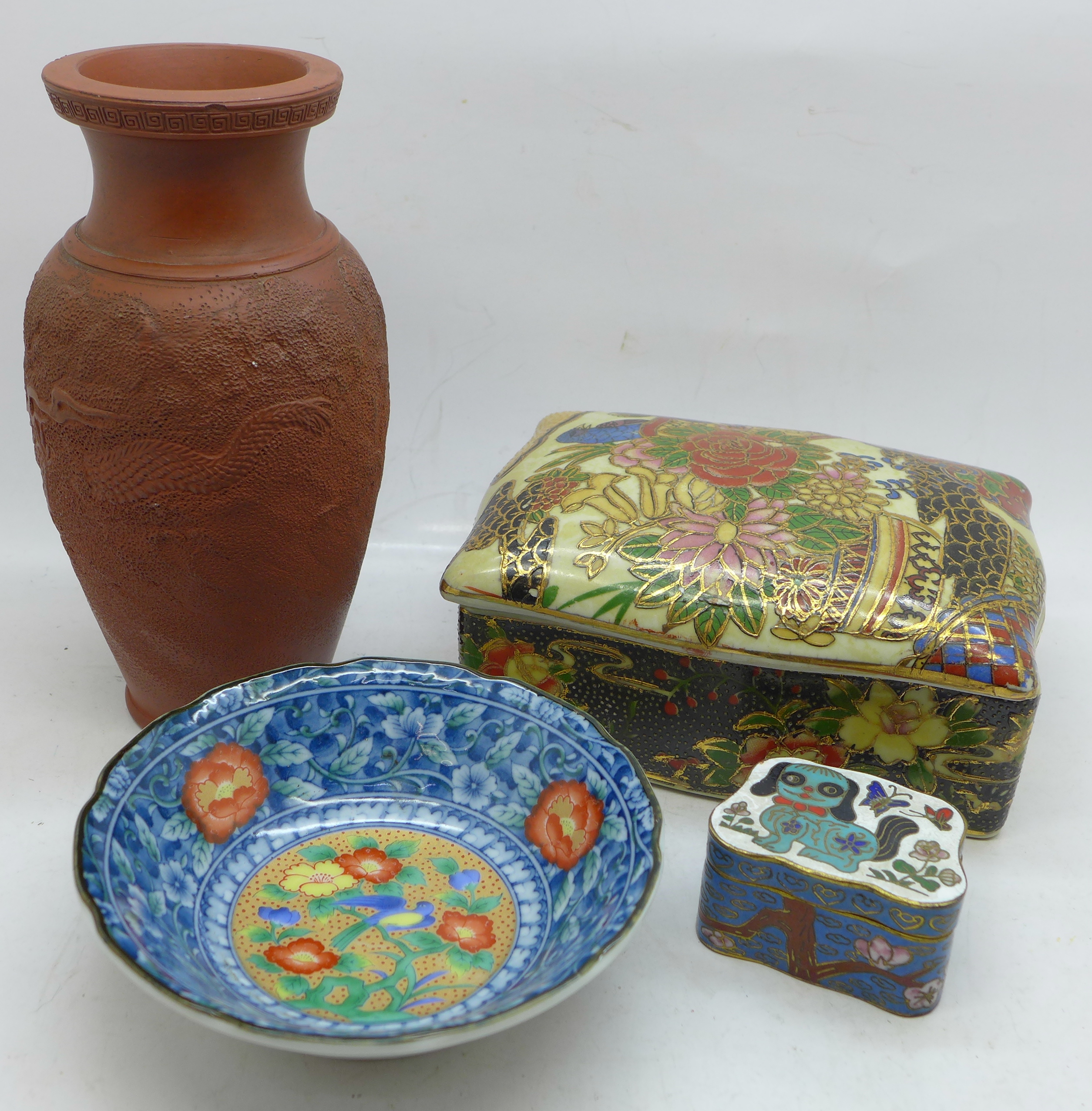 A Satsuma dish, a Chinese cloisonne trinket box, a lidded pot and a terracotta vase