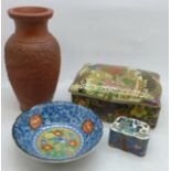 A Satsuma dish, a Chinese cloisonne trinket box, a lidded pot and a terracotta vase