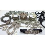 Three cuff bangles, a bracelet and other jewellery