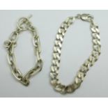 A silver curb link bracelet and a white metal bracelet, 56g
