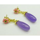 A pair of silver gilt, purple jade, pink mother of pearl and Russian diopside earrings