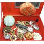 Costume jewellery including a large cameo brooch with gilt metal mount, lacking pin