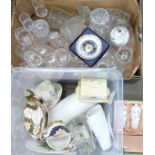 A box of cut glass drinking glasses, decanters, lidded pot, and a box of mixed china including a