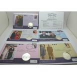 Five Silver First Day Coin Covers, proof quality limited edition, Charles & Camilla 2005