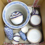 Cauldon china teawares with cobalt blue and gold decoration, a Fieldings fruit set, a large