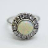 A 14ct white gold, opal and white stone cluster ring, 4.5g, M, diameter 12mm