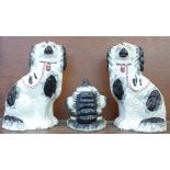 A pair of Staffordshire spaniels, 26cm and a similar two-headed lidded preserve pot