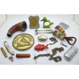 A Zippo lighter, a part silver pipe, sugar bows, lodge badge, etc.