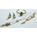 A modern scarab beetle jewellery set, a bangle, pendant and chain and a pair of earrings, set with