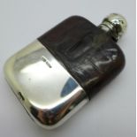 A silver, glass and leather mounted spirit flask, weight of cup 74g