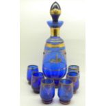 A Venetian blue glass liqueur set, the decanter marked Venezia