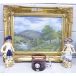A gilt framed picture, a pair of continental figures and a Wedgwood glass QEII mug **PLEASE NOTE