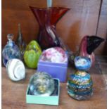 A Murano fish vase, a Murano glass model of a bird and seven glass paperweights