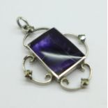 A vintage silver, Blue John and marcasite set pendant, c.1930-40, stone 11mm x 15mm