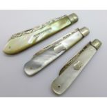 Three silver and mother of pearl fruit knives, (one MOP handle cracked)