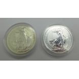 Two one ounce fine silver Britannia £2 coins, 2004 and 2018